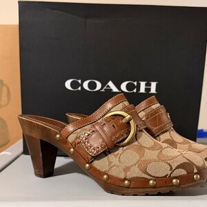 Coach Tan and Brown Heeled Mules